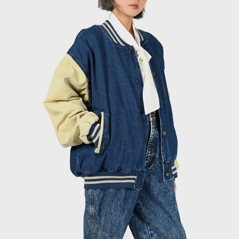 [Egg Plant Vintage] Blue Sky Stadium Cowboy Vintage Baseball Jacket - Women's Casual & Functional Jackets - Other Man-Made Fibers Blue