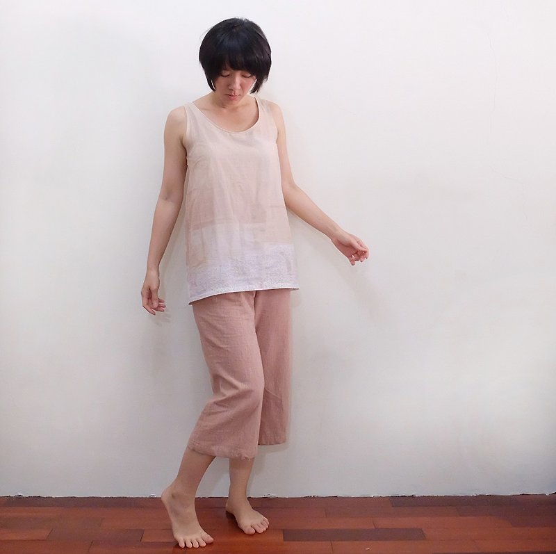 下午三點　七分寬褲　日本先染棉布　藕粉 - 女長褲 - 棉．麻 粉紅色