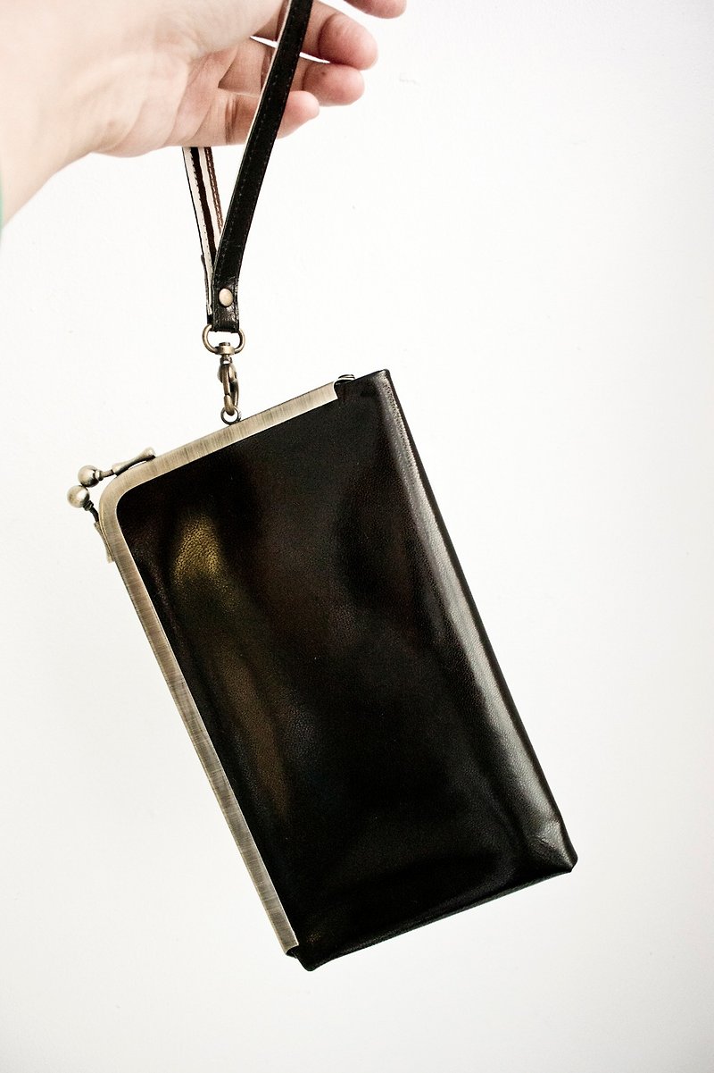 Leather Kisslock Clutch, Phone Wallet, Frame Purse, Smartphone wallet/L design cell Phone Cass, Black(Wristlet Strap) - Phone Cases - Genuine Leather Black