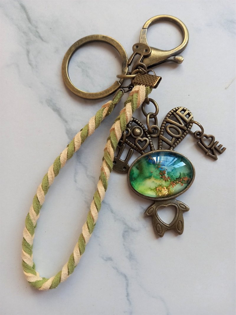 酒精墨水編織手鍊鑰匙圈/戴耳環的兔子 - 鑰匙圈/鎖匙扣 - 其他金屬 