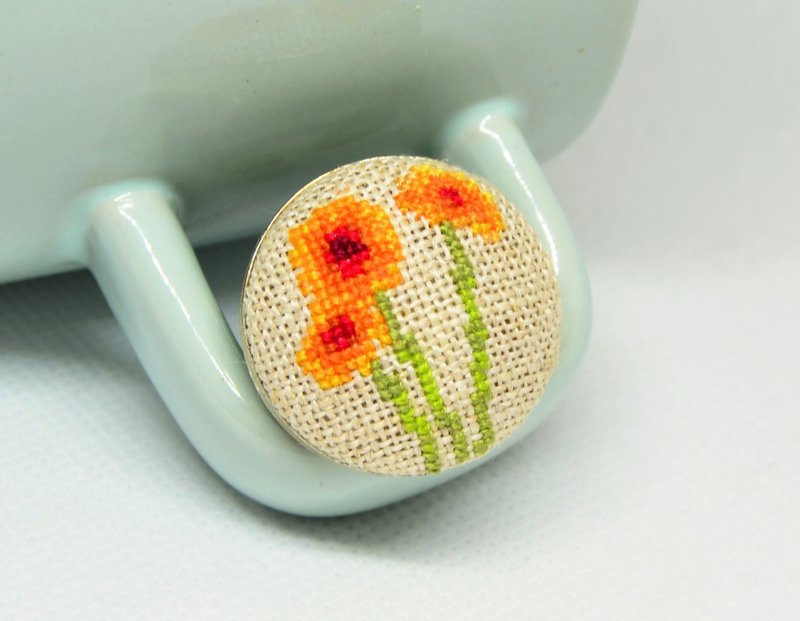 橙色花朵刺繡戒指十字繡花卉自然飾品手工製作的女士禮物 - 戒指 - 繡線 橘色