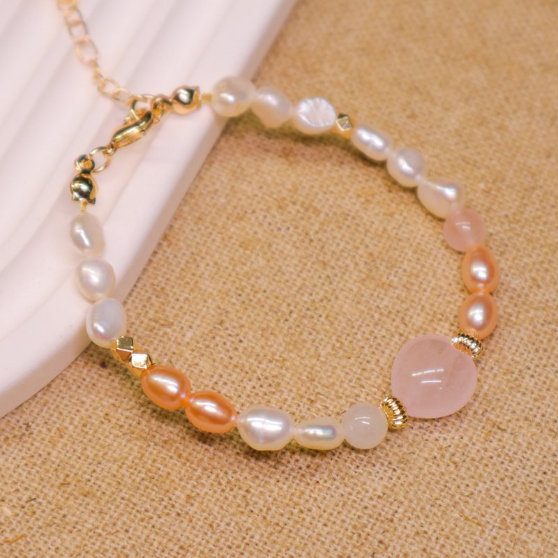 [Full House] Peach Blossoms in Bloom l Pink Quartz × White Jade × Pearl l Elegant French Bracelet - สร้อยข้อมือ - คริสตัล 