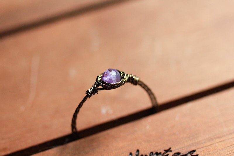 February Birthstone 2mm Amethyst Faceted Bronze Wire Twist Rope Ring Super Compact - General Rings - Gemstone Purple