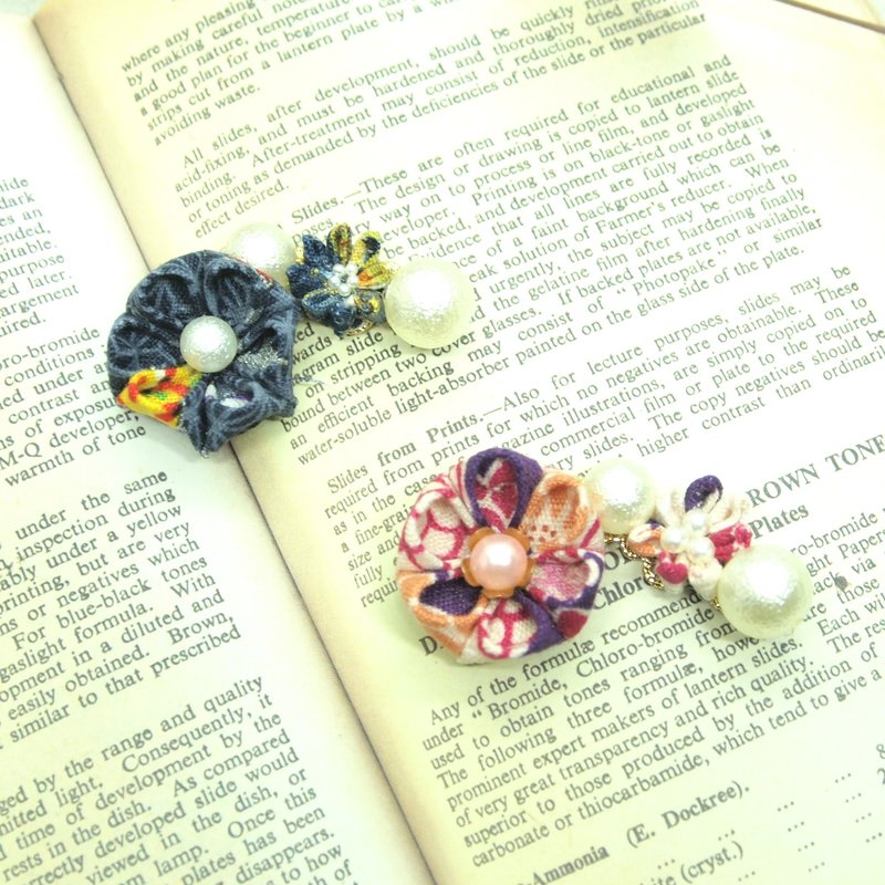 Adult cute tsumami flowers and pearl hair accessories / ear clips - Hair Accessories - Cotton & Hemp Purple