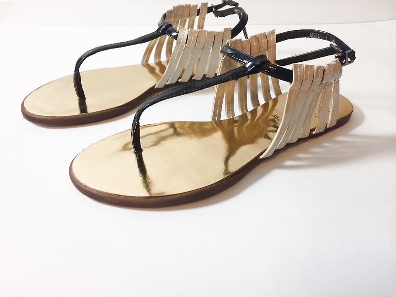 Picture # 8066 || Flip Sandal Mirror Light Gold Ivory + Obsidian Black || - Women's Casual Shoes - Other Materials Black