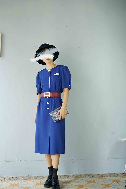 4.5studio 尋寶古著-昭和時代寶藍色白釦澎袖復古一件式洋裝