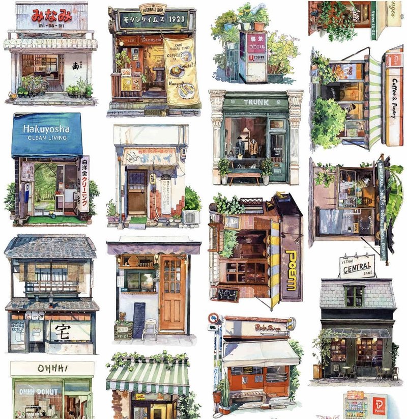 Home Shop Japanese Street Architecture Watercolor Landscape PET Washi Tape Made in Taiwan - มาสกิ้งเทป - วัสดุอื่นๆ หลากหลายสี