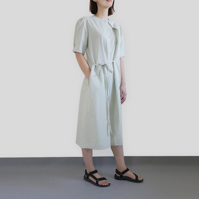 Light green washed cotton tie long dress - One Piece Dresses - Cotton & Hemp Green