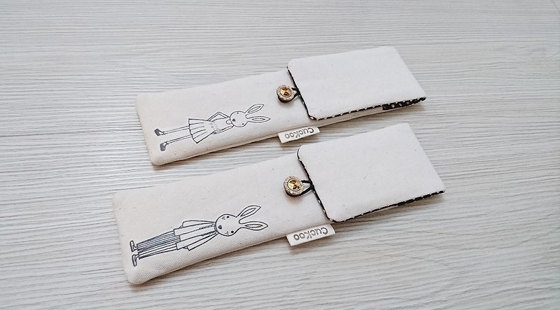 環保餐具收納袋 組合筷專用 雙層筷袋 手繪兔子情侶款 2款1組 - 餐具/刀叉湯匙 - 棉．麻 
