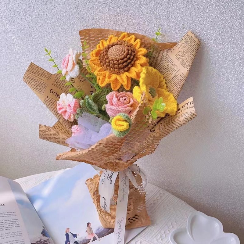 Handmade Crocheted Floral Tapestry Bouquet of Roses, Roses, Sunflowers - Dried Flowers & Bouquets - Cotton & Hemp Orange