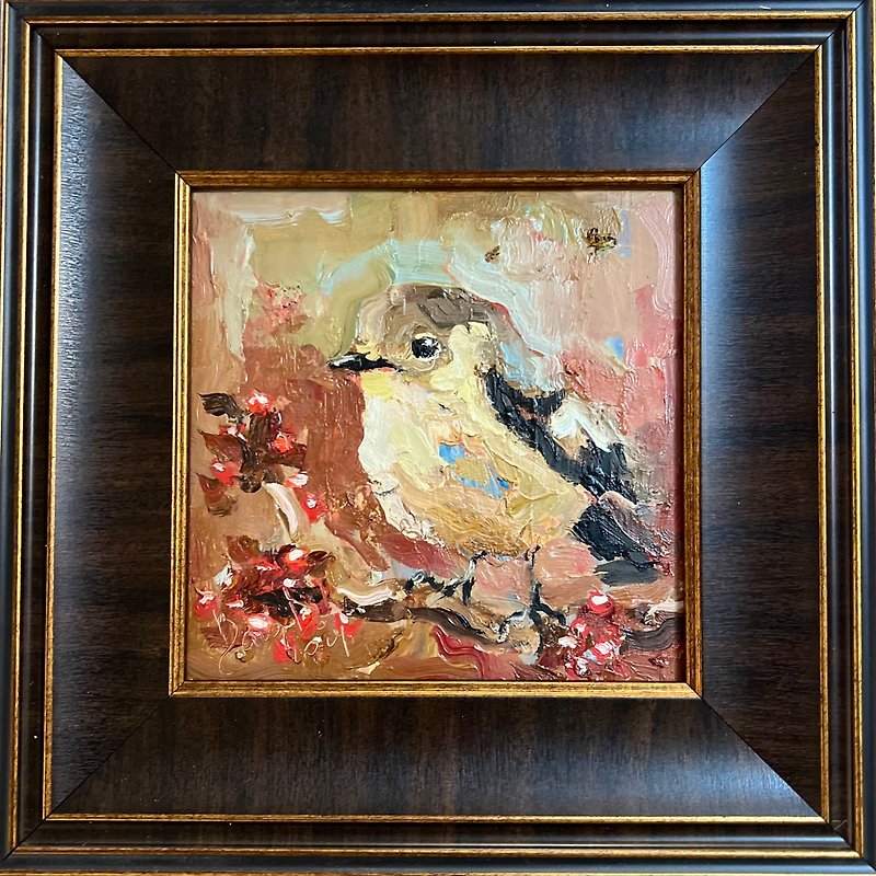 Original Bird Painting Bird Artwork Bird Framed Wall decor Oil painting - 牆貼/牆身裝飾 - 其他材質 咖啡色