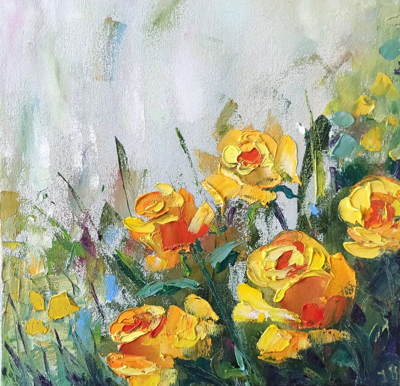 Yellow Roses Oil Painting Flower Original Art Rose Painting on Canvas 30x30cm - 海報/掛畫/掛布 - 其他材質 黃色