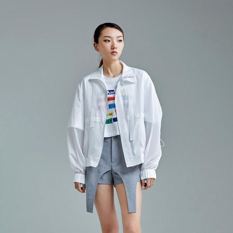 Drawstring Sleeve Stand Collar Jacket - Women's Casual & Functional Jackets - Nylon White