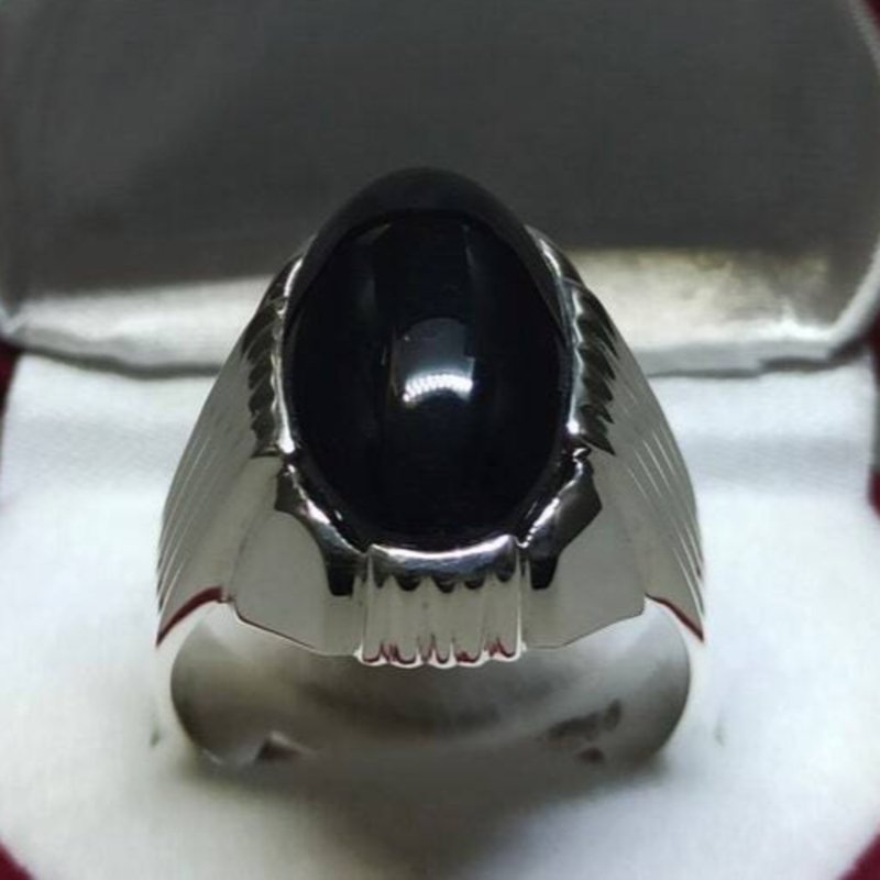 Mens Natural Unheated Untreated Black Onyx Ring Sterling Silver 925 Agate Ring - 戒指 - 寶石 黑色