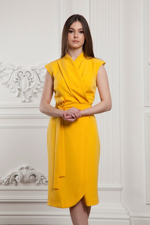 TAVROVSKA Yellow wrap dress women, High neck asian cocktail dress