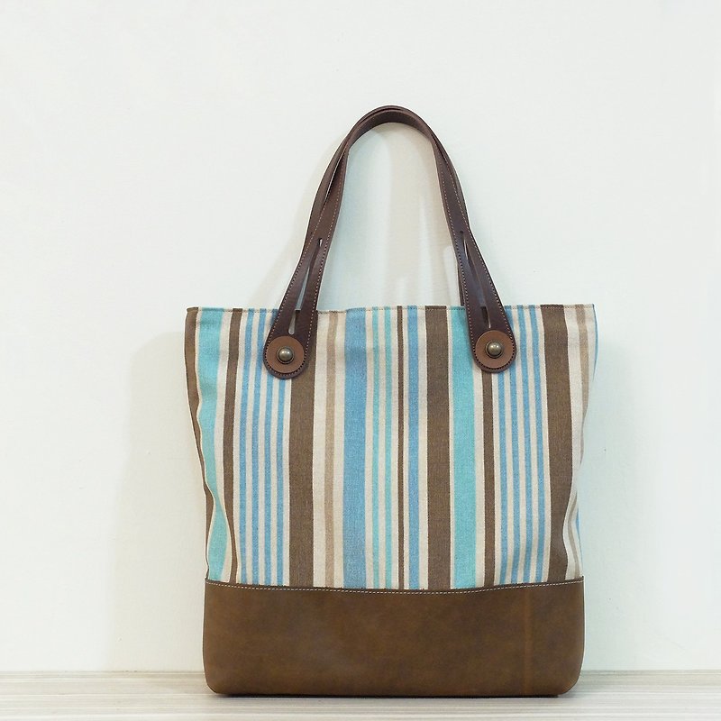 Straight line concerto leather + canvas side of the side of the package to mention the blue and coffee L only one - Messenger Bags & Sling Bags - Genuine Leather Multicolor