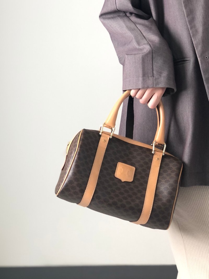 【 日本直送　名牌中古包 】CELINE セリーヌ マカダム ハンドバッグ ブラウン ブラゾン型押し PVCレザー ミニボストン キーポル mvb5z3 - 手提包/手提袋 - 真皮 咖啡色