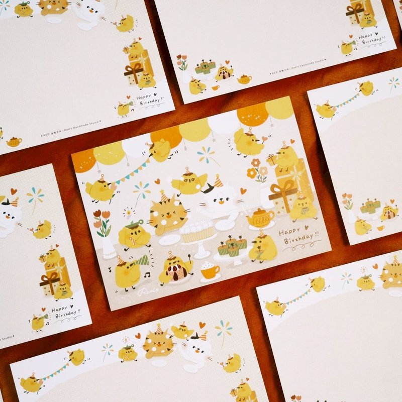 【24H快速出貨】生日好快樂 布丁小雞手繪明信片09 - 卡片/明信片 - 紙 橘色