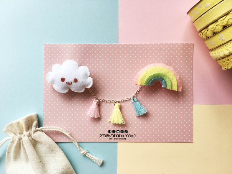 White cloud & pastel rainbow pin/brooch with mini tassels - Brooches - Other Materials Multicolor