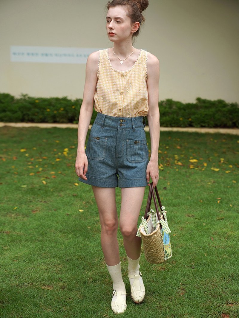 Mintcheese French retro blue-green pocket decorative denim shorts - Women's Shorts - Cotton & Hemp Blue