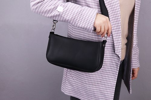 DOMINIC Black leather baguette bag / Shoulder bag for women / Leather underarm bag