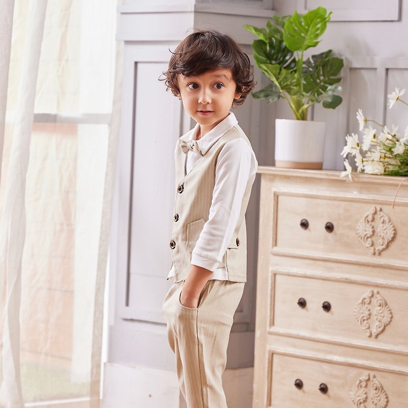 Cotton & Hemp Kids' Dresses White - Charles series Khaki striped vest long shirt pants set