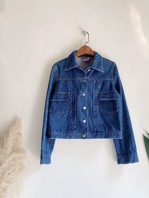 河水山 海藍俐落率性短版工作版型 古著翻領棉質牛仔外套 vintage coat
