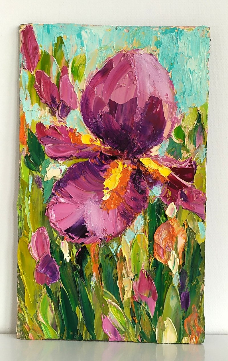 Iris Original Oil Painting on Panel Purple Flower Impasto Painting Iris Mini Art - Posters - Paper Multicolor