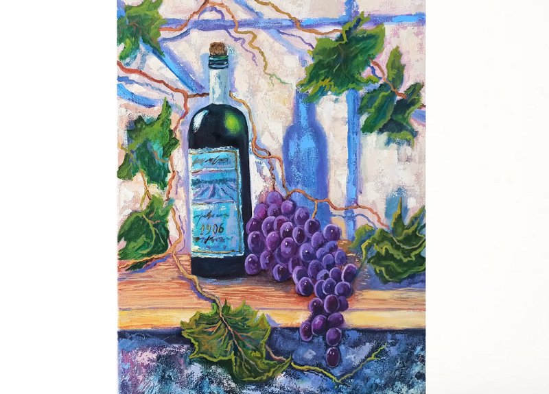 Wine Oil Painting on Canvas 50x40cm Original Art Grape Still Life - 海報/掛畫/掛布 - 其他材質 