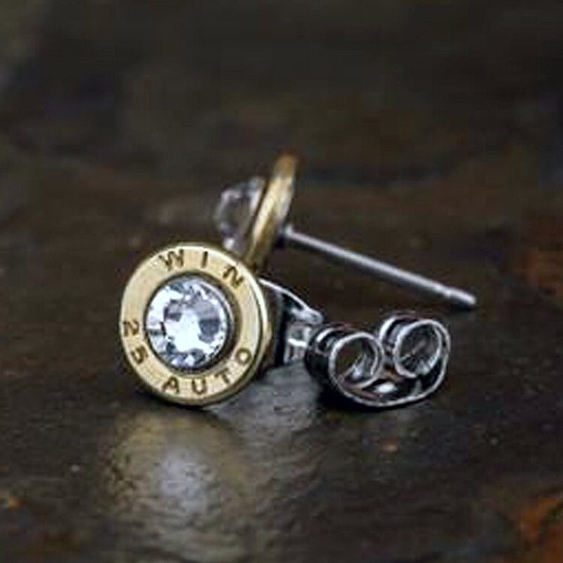 Bullet - 25 Caliber Bullet Stud Rhinestone Earrings / Boys Personality Vintage Sterling Silver Stud Earrings - Earrings & Clip-ons - Other Materials 