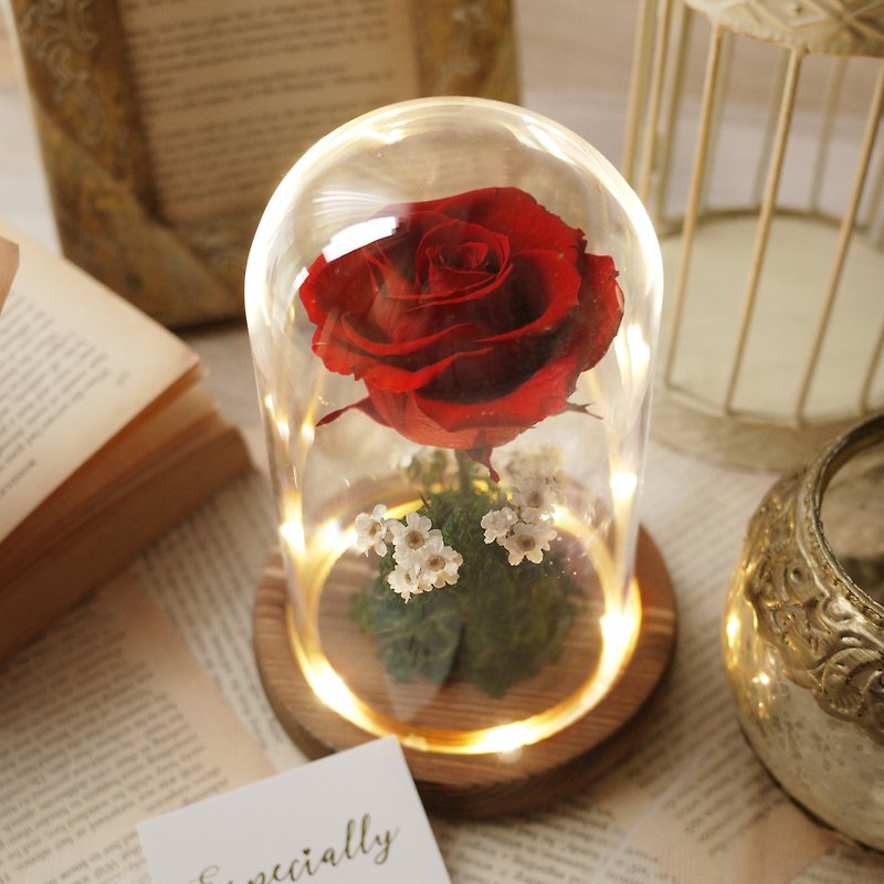 Little Prince-Eternal Life Red Rose Glass Cover Night Light Valentine's Day New Home Congratulations - ช่อดอกไม้แห้ง - พืช/ดอกไม้ สีแดง
