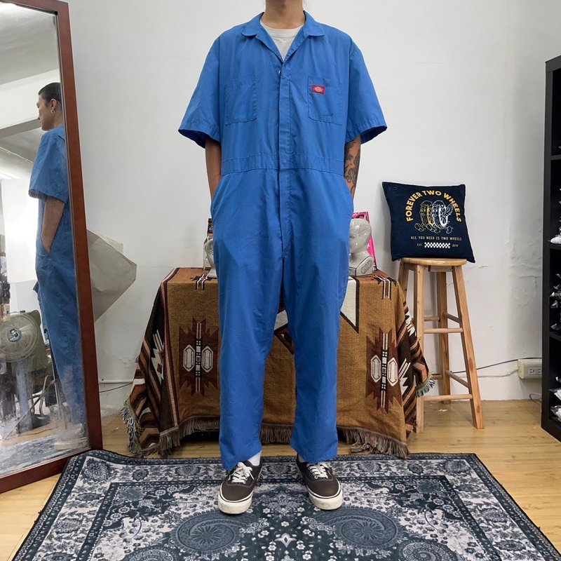 DICKIES aqua blue short-sleeved overalls COVERALLS zipper broken vintage second-hand - กางเกงขายาว - ผ้าฝ้าย/ผ้าลินิน สีน้ำเงิน