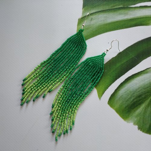 White Bird gallery of exquisite jewelry from Halyna Nalyvaiko Long beaded earrings with fringe Long green fringe earrings Extra long earring