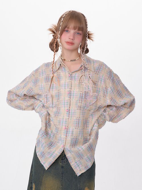 SERIOUS ZIZIFEI ziziFei春夏季新款美式復古設計感格紋長袖上衣中長款格子襯衫女