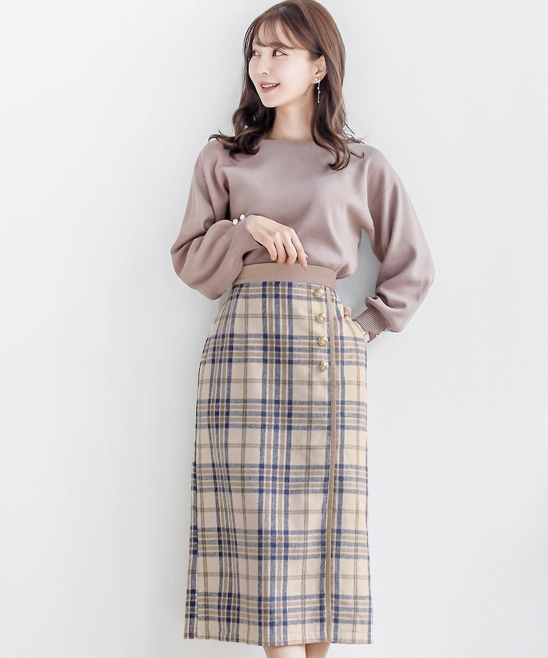 Skirt tight plaid bicolor trimming / le reve vaniller - Skirts - Cotton & Hemp Khaki
