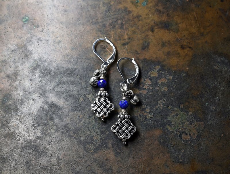 Endless knot and lapis, small bell earrings in flower lover decoration indian Silver - Earrings & Clip-ons - Other Metals Silver