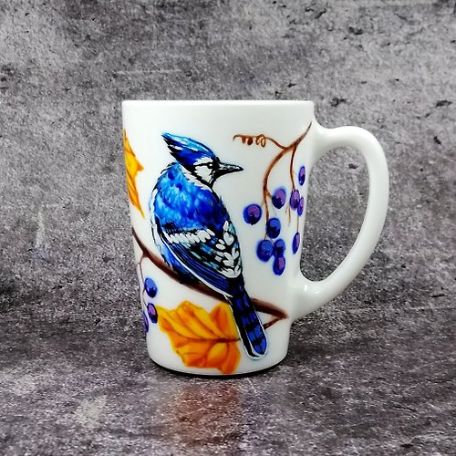 StekloCraft Blue jay mug hand painted personalised Bird coffee mug handmade Office mug
