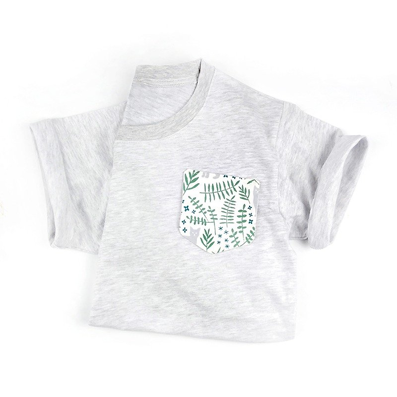 Maverick Villageニュートラルコットン半袖Tシャツ[植物園の小さな灰色の猫]浅い麻のグレーT-07 - トップス ユニセックス - コットン・麻 グレー