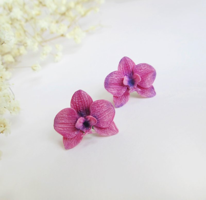 Miniature Orchid stud earrings Jewerly tropical flowers polymer clay earrings - 耳環/耳夾/耳骨夾 - 黏土 粉紅色