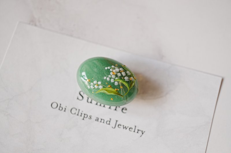 天然石綠東陵玉與鈴蘭、金箔的腰帶扣 髮簪鉤 胸針 鈴蘭 - 其他 - 寶石 綠色