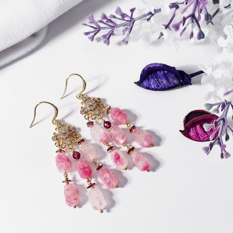 頂級 薔薇輝石 玫瑰石 櫻花雨 貔貅 紅石榴 招財 耳環 單品 禮物 - 耳環/耳夾 - 寶石 粉紅色