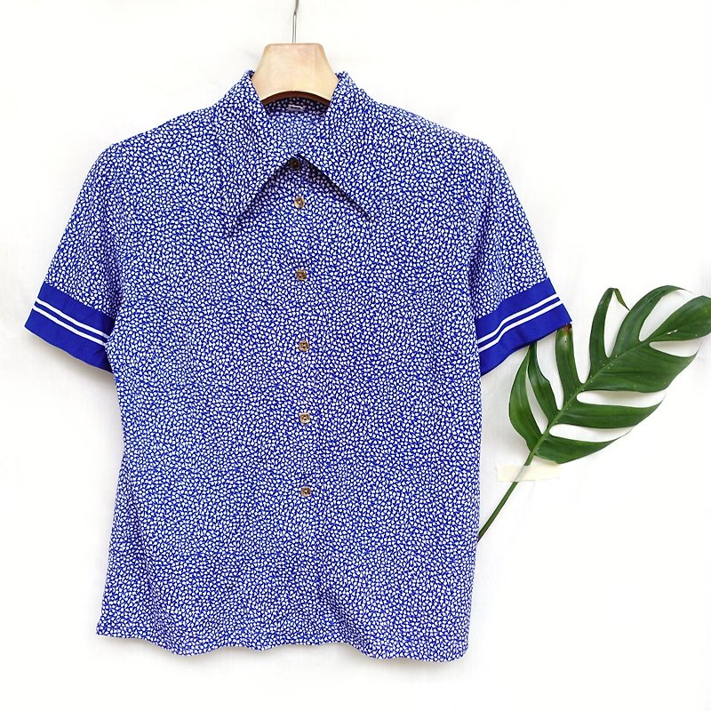 BajuTua/古著/寶藍色小碎花雪紡短衫 - 恤衫 - 聚酯纖維 藍色