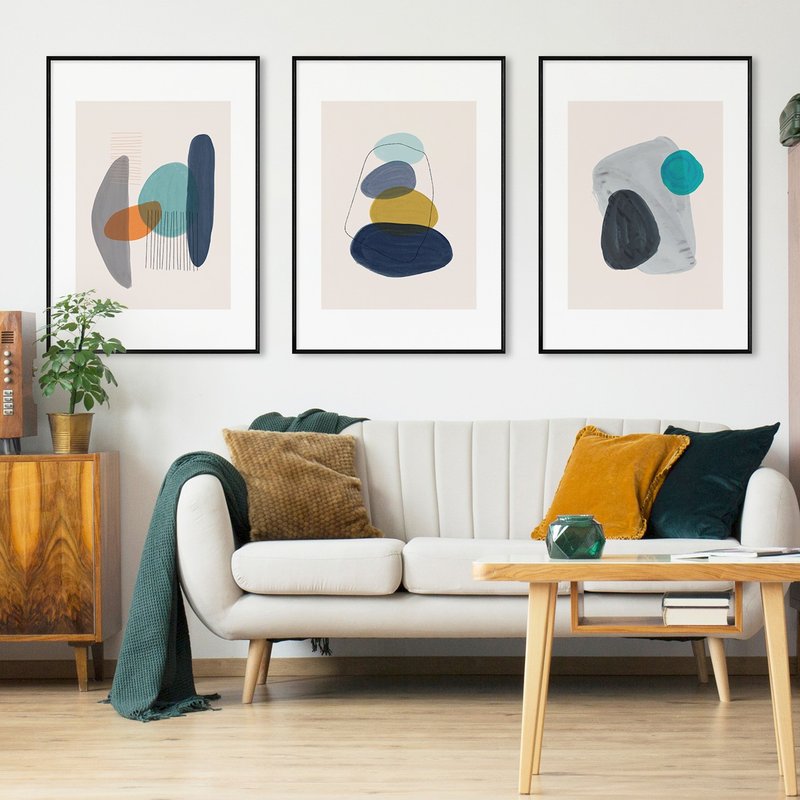 [Combination of joint painting discounts] 15% off Nordic style geometric hanging painting/Morandi blue/living room painting/series 3 pieces - Posters - Other Materials Khaki