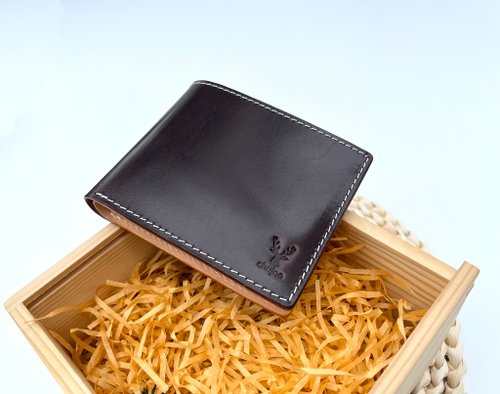 初久 咖啡色環保植鞣牛皮短夾 真皮皮夾 男士錢包 免費刻字 客制禮物