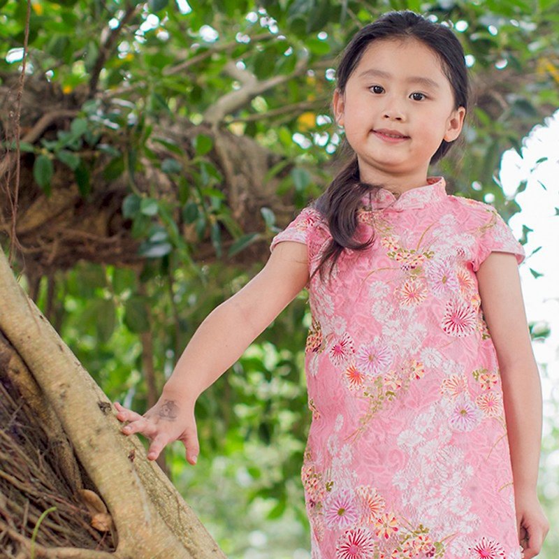 Cotton & Hemp Qipao - Children's Cheongsam Antique Four Seasons Lace Flower-Pink