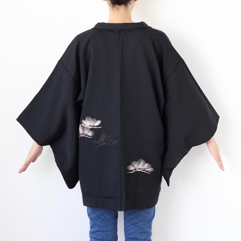 embroidered kimono, traditional kimono, authentic kimono, silk kimono /3891 - Women's Casual & Functional Jackets - Silk Black