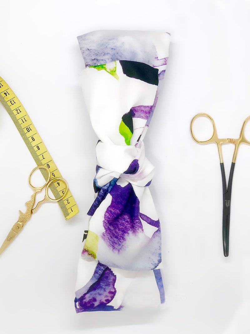 阿拉裡皮嬌鶲 I -水彩設計印花 寬版交叉領巾髮帶- 隨變四種造型 - 髮夾/髮飾 - 棉．麻 紫色