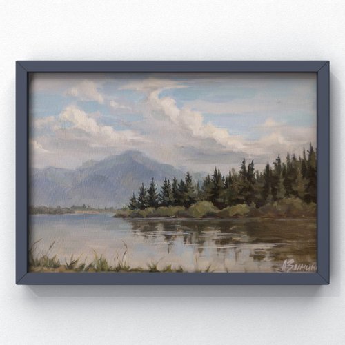 山の風景油絵オリジナルの風景画湖の森の山 - ショップ Oil paintings