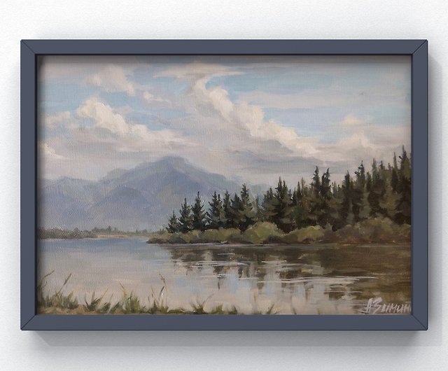 山の風景油絵オリジナルの風景画湖の森の山 - ショップ Oil paintings 