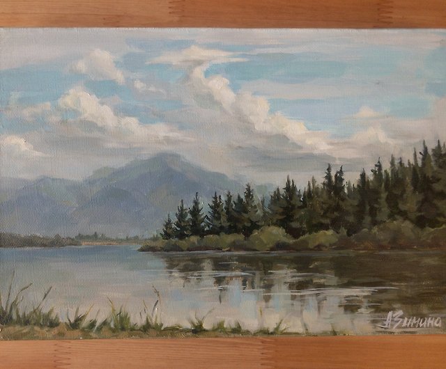 山の風景油絵オリジナルの風景画湖の森の山 - ショップ Oil paintings